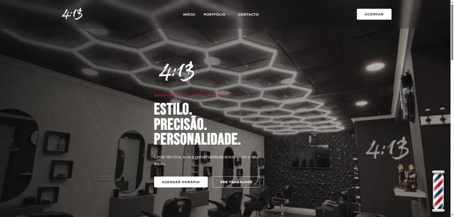 Página inicial do site do 4:13 Barber & Tattoo